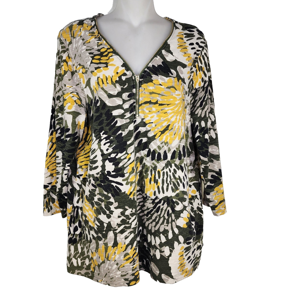 Chicos Tunic Top Women Sz 2 Large Green Yellow Floral Half Zip V Neck 3/4 Sleeve